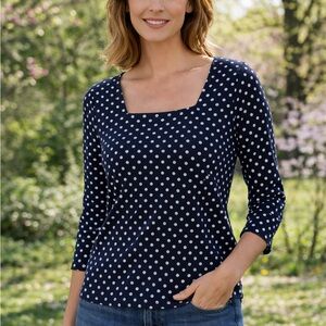 J. Crew Navy Polka Dot Square Neck 3/4 Sleeve Top XL Cotton Stretch